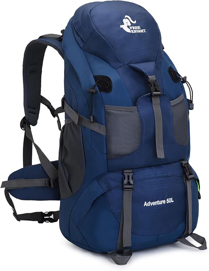 Bseash 50L Hiking Backpack, Water Resistant Lightweight Outdoor Sport Daypack Travel Bag for Camping Climbing Skiing Cycling (Navy Blue - With Shoe Compartment)