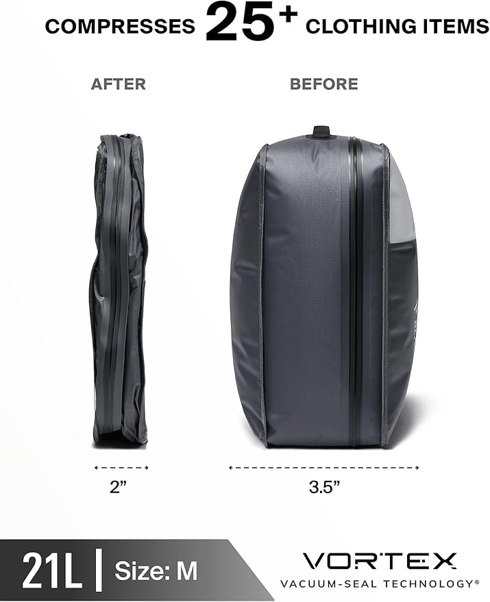 Black Voyage Reusable Vacuum Compression Travel Bag for Carry-On Suitcase and Backpack, Recycled IP67 Waterproof Space Saver Airback Vacpack (1-Pack, 21L - Pump Included)
