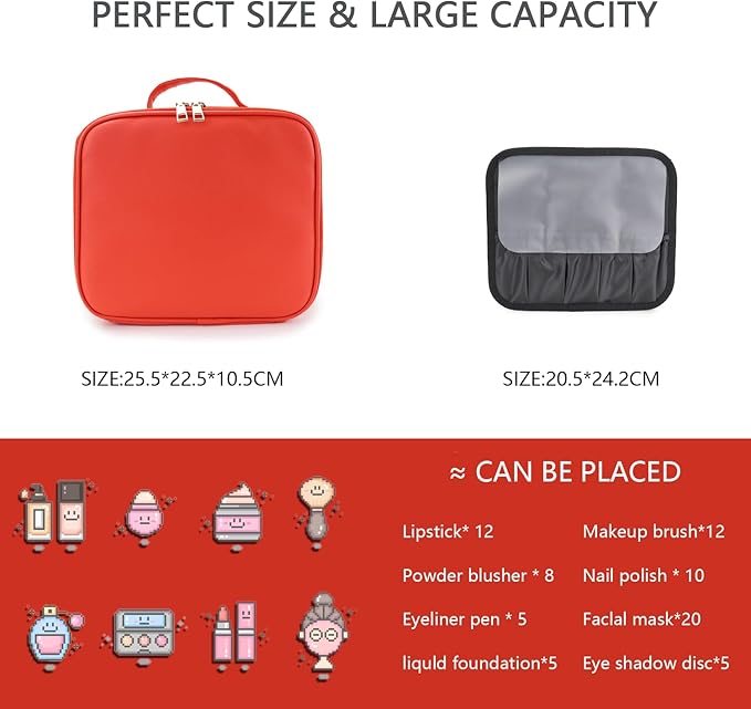 Makeup Bag with Led Mirror,Travel Makeup Organizer with 3 Color Setting, Portable Storage and Adjustable Dividers Travel Makeup Bag(red)