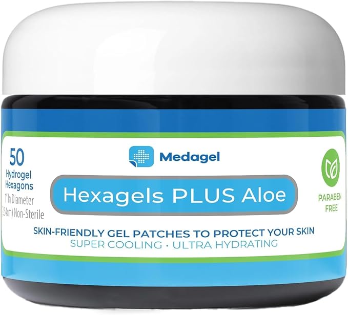 Hexagels Plus Aloe Vera - Advanced Healing Hydrogel Pads for Blister Prevention & Soothing Burn Care - Foot, Heel, Toe, & Ankle Protection, Pack of 50, 1-Inch Patches, by Medagel, Paraben Free Formula