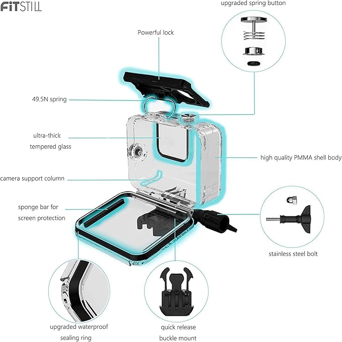 FitStill Carrying Protective Case Include 60M/196FT Underwater Waterproof Shell&Dive Filters&Silicone Case&Screen Protector&Monopod Floating Hand Grip Dive Go Pro Hero 12/11/10/9 Black Accessory Kit