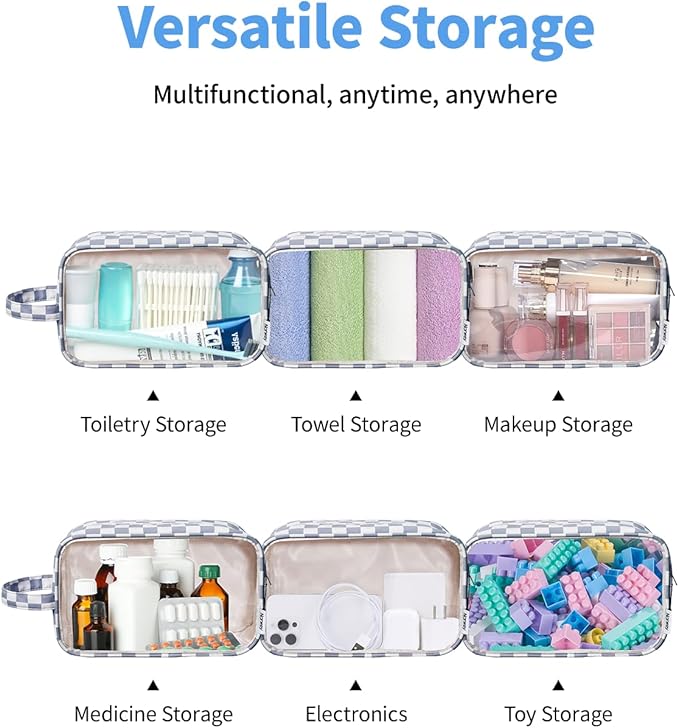 Narwey Clear Toiletry Bags for Traveling Women Men, Clear Travel Bags for Toiletries Makeup Bag Cosmetic Bag with Zipper, Make Up Organizer, Skincare Bag (Grayish Blue Checkerboard)