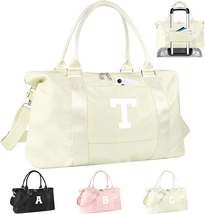Initial Travel Duffel Bag Sports Gym Bag for Kids Teen Birthday Gifts,Beige Personalized Weekender Bag Carry On Dance Bags for Women Men,Waterproof Monogram Overnight Bag with Trolley Sleeve(Letter T)