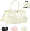Initial Travel Duffel Bag Sports Gym Bag for Kids Teen Birthday Gifts,Beige Personalized Weekender Bag Carry On Dance Bags for Women Men,Waterproof Monogram Overnight Bag with Trolley Sleeve(Letter T)