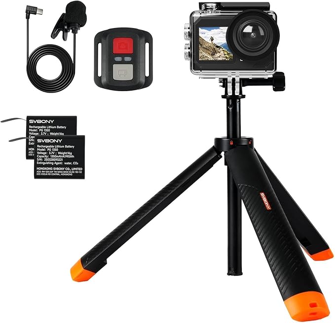 SVBONY SVGo2 Action Camera 4K30FPS 50MP, 5X Zoom Touch Screen Sports Camera, Waterproof Cameras,6-Axis EIS with Floating Selfie Stick, Wired Microphone, 2 Batteries, for Sports Vlog