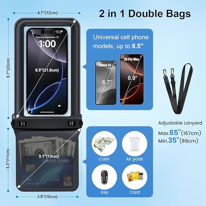 [Up to 8.5''] Waterproof Phone Pouch Floating, Double Bags Waterproof Phone Case with Lanyard for iPhone 16 15 Pro Max, Galaxy S25 S24 Ultra, IPX8 Cellphone Dry Bag Beach Cruise Ship Essentials 2 Pack