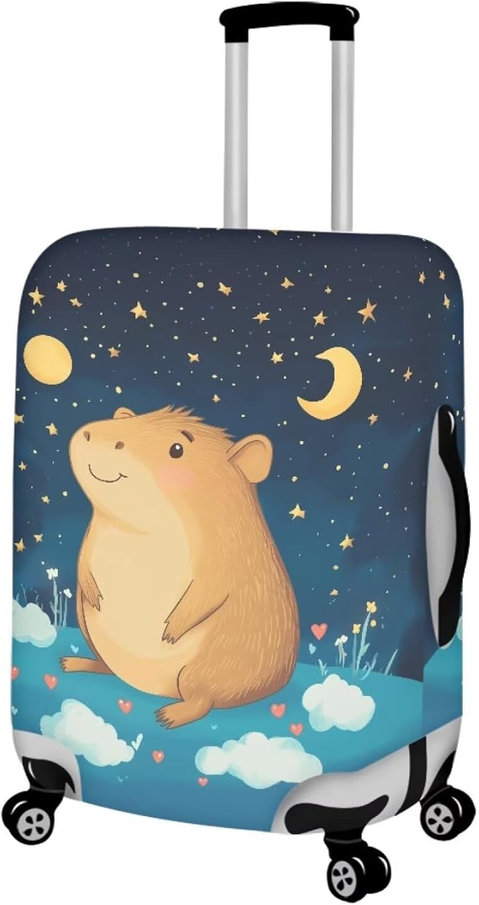 Capybara Suitcase Cover Cute Luggage Cover Protector Invisible Zipper Closure Travel Luggage Protector Fit 22-25 Inch Anti-Scratch Stretchable Suitcase Protector, Moon and Star