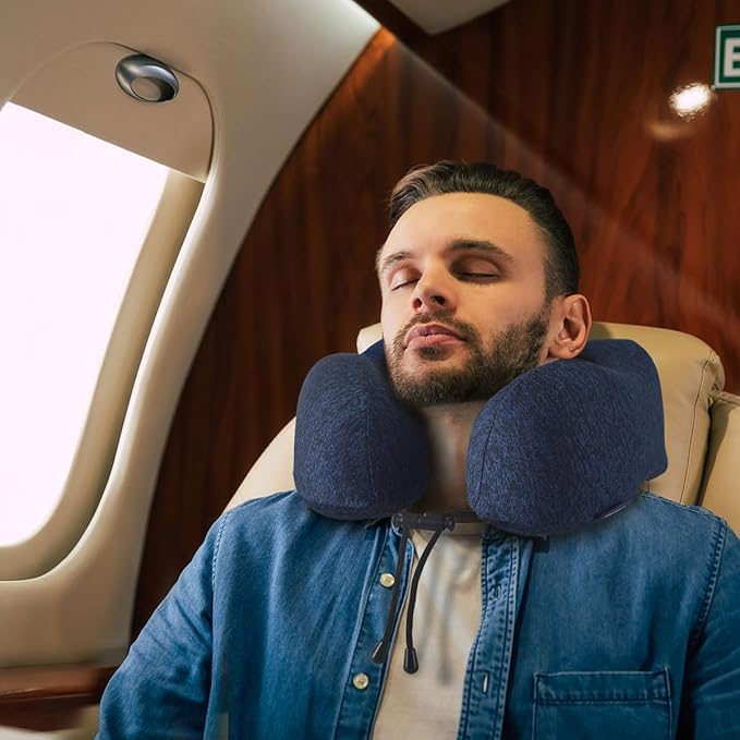 napfun Neck Pillow for Traveling, Upgraded Travel Neck Pillow for Airplane 100% Pure Memory Foam Travel Pillow for Flight Headrest Sleep, Portable Plane Accessories, Full Dark Blue, Medium (120-200LB)