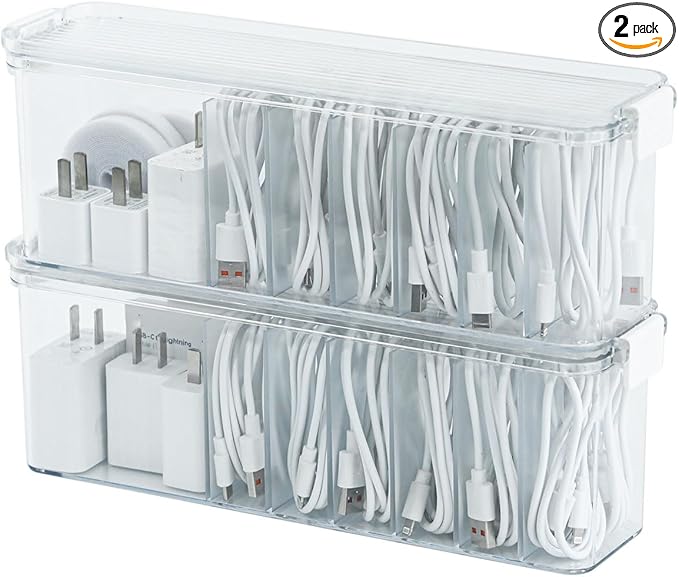 Yesesion 2 Pack Cord Organizer Box with Lid, Clear Desk Drawer Accessories Storage Case for Home Office Supplies, Art Crafts, Phone Charger, USB Cables, Marker Pen, Pencil Holder