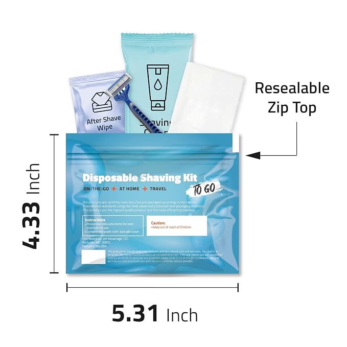 Shaving Kit with Razor, Shaving Cream, Washcloth & Aftershave Wipe – Men’s Travel Shave Set for Hotels, Shelters & Outreach – Disposable Grooming Pack (Blue) (3)