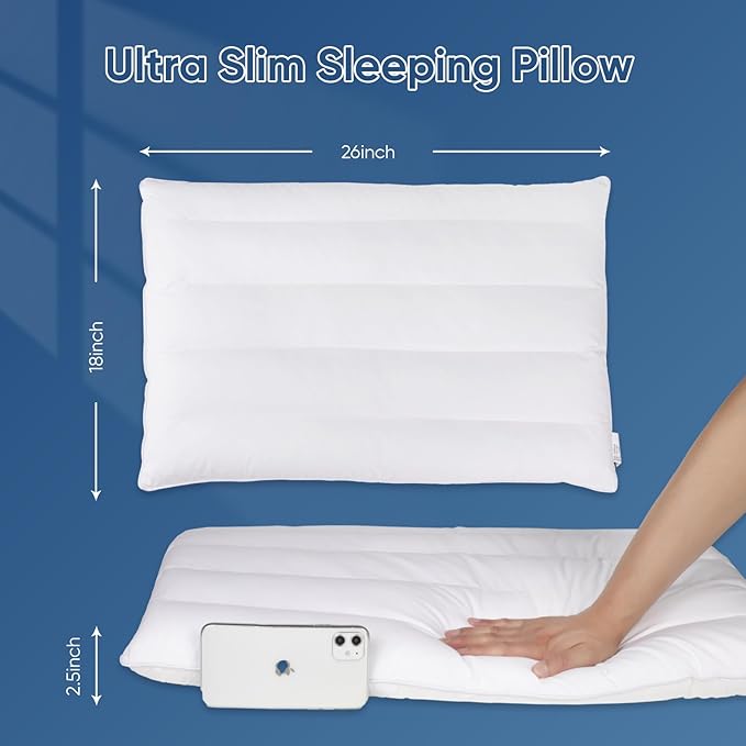 MINUPWELL 2 Packs Ultra Flat Pillows for Sleeping Thin, 7D High Support 2.5 inch Height Ultra Thin Pillows,Slim Bed Pillows for Stomach Sleeper,Standard Size -18x26 in