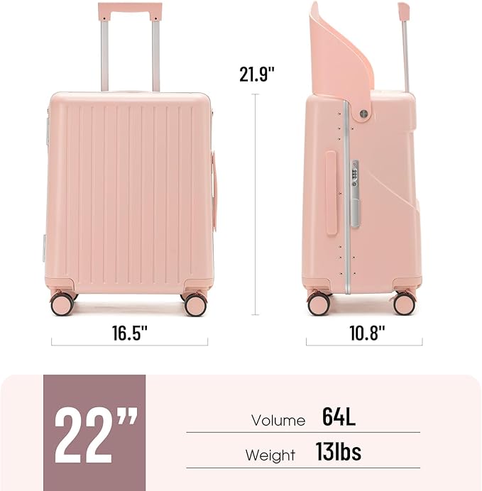 22'' Hardside Ride-On Suitcase with Seat for Kids & Adults – Travel Luggage with 360° Spinner Wheels, Lockable TSA Lock & Seat Belts, Foldable Stool for Airport Waiting