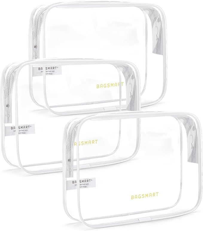BAGSMART Clear Toiletry Bag, 3 Packs TSA Approved Water Resistant Quart Size Travel Organizer, Airport Airline Travel Essential Carry On Makeup Cosmetic Bags for Women, White