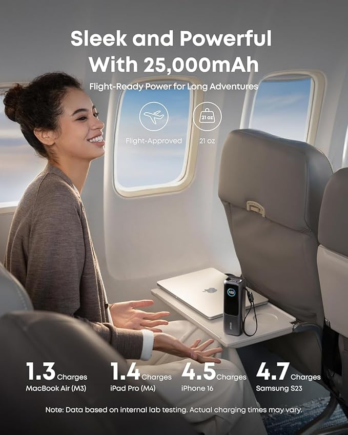 Anker Laptop Power Bank, 25,000mAh Portable Charger with Triple 100W USB-C Ports, Built-in and Retractable Cables, for iPhone 16/15 Series, MacBook, Samsung, and More (Flight-Approved)