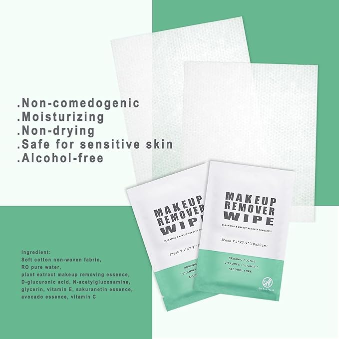50 Individually Wrapped Makeup Remover Wipes - Bulk Face Cleansing Wipes, Travel Towelette Makeup Remover Cloth for Face Cleansing