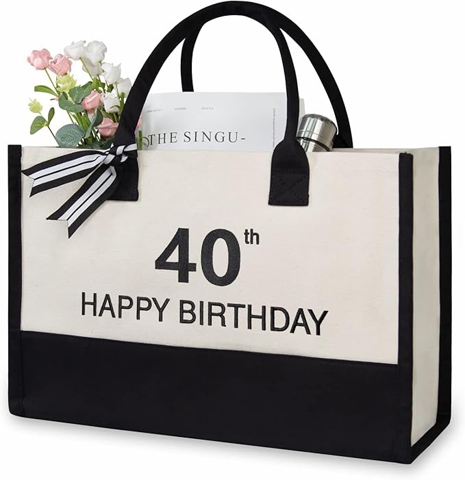 TOPDesign Embroidery Canvas Tote Bag for Women, 40th Birthday Gifts for Her, Wife, Mom, Sister, Daughter, Aunt, Best Friend, Coworker, Turning 40 Years Old Present, Personalized Bag for Beach, Holiday
