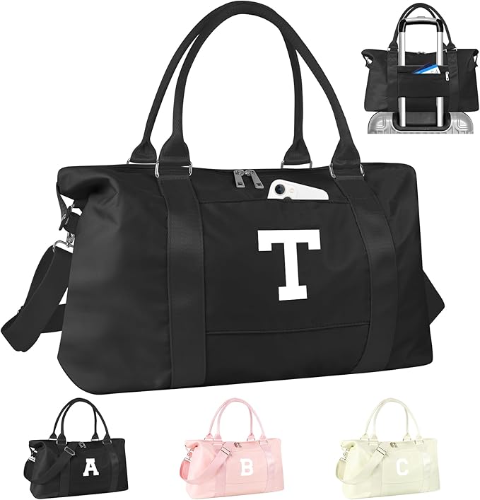 Initial Travel Duffel Bag Sports Gym Bag for Boys Teen Birthday Gifts,Black Personalized Weekender Bag Carry On Tote Bags for Men,Waterproof Overnight Luggage Bag Airplane Travel Essentials(Letter T)