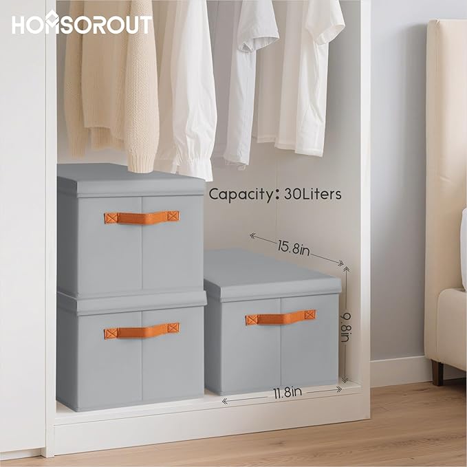 Storage Bins with Lids - Large Fabric Closet Bins with Lid, 5 Pack Clothes Organizers and Storage, Collapsible Stackable Cube Basket for Home, Office, Dorm, Grey