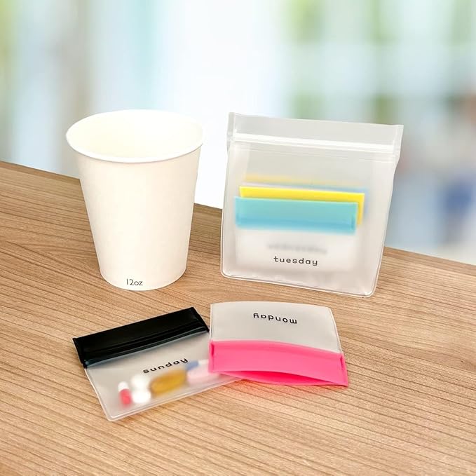 EZY DOSE Reusable 7-Day Pill Pouch Set, Durable Multi-Purpose Travel-Sized Baggies, Includes Days of The Week Labels w/Color for Easy Identification, Silicone Storage, Clear, BPA Free, TSA Approved
