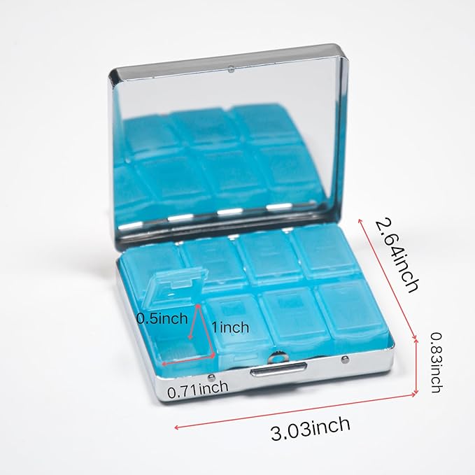 Silver Vintage Pill Box 7 Day Metal Pill Box with Mirror and 8 Compartments Cute Travel Pill Organizer for Purse (Art Almond Blossoms)