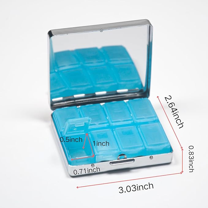 Silver Vintage Pill Box 7 Day Metal Pill Box with Mirror and 8 Compartments Cute Travel Pill Organizer for Purse (Happy Pills)