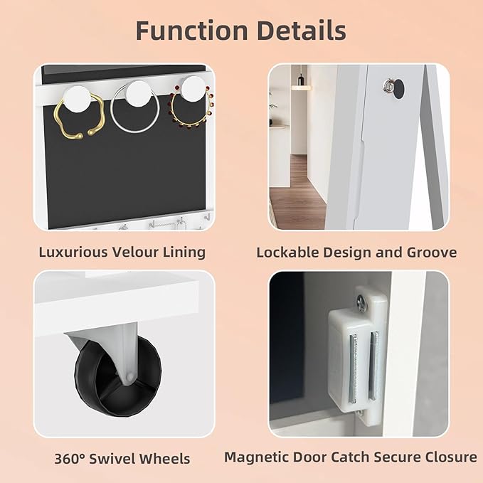 RQZ 360° Rotating Jewelry Organizer with Lights, 8 LEDs Jewelry Cabinet Armoire Standing, Lockable Jewelry Storage with Full-Length Mirror, 4 Storage Shelves, Interior Mirror(65.35" H)