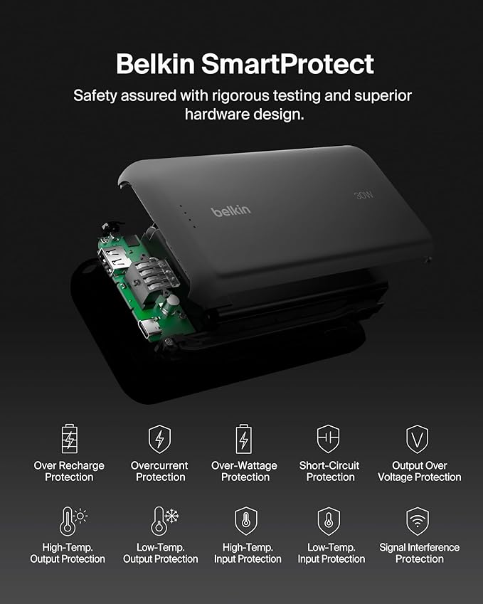 Belkin Portable Charger, Power Bank with Integrated Cable 20000 mAh 30W - Fast Charging USB C Power Delivery, iPhone Charger - iPhone 16 Series, iPad Pro, Galaxy S25 Series, & More - Black