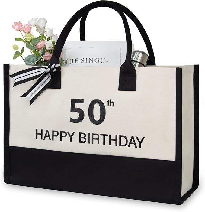 TOPDesign Embroidery Canvas Tote Bag for Women, 50th Birthday Gifts for Her, Wife, Mom, Sister, Daughter, Aunt, Best Friend, Coworker, Turning 50 Years Old Present, Personalized Bag for Beach, Holiday