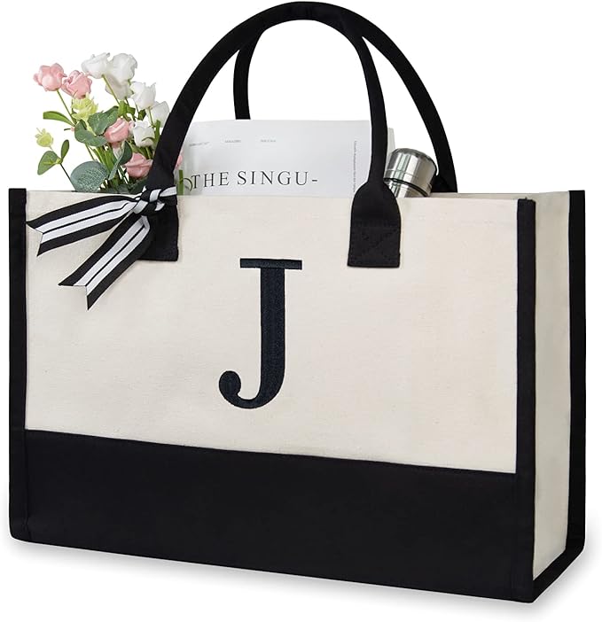 TOPDesign Embroidery Initial Canvas Tote Bag, Personalized Present Bag, Suitable for Wedding, Birthday, Beach, Holiday, is a Great Gift for Women, Mom, Teachers, Friends, Bridesmaids (Letter J)