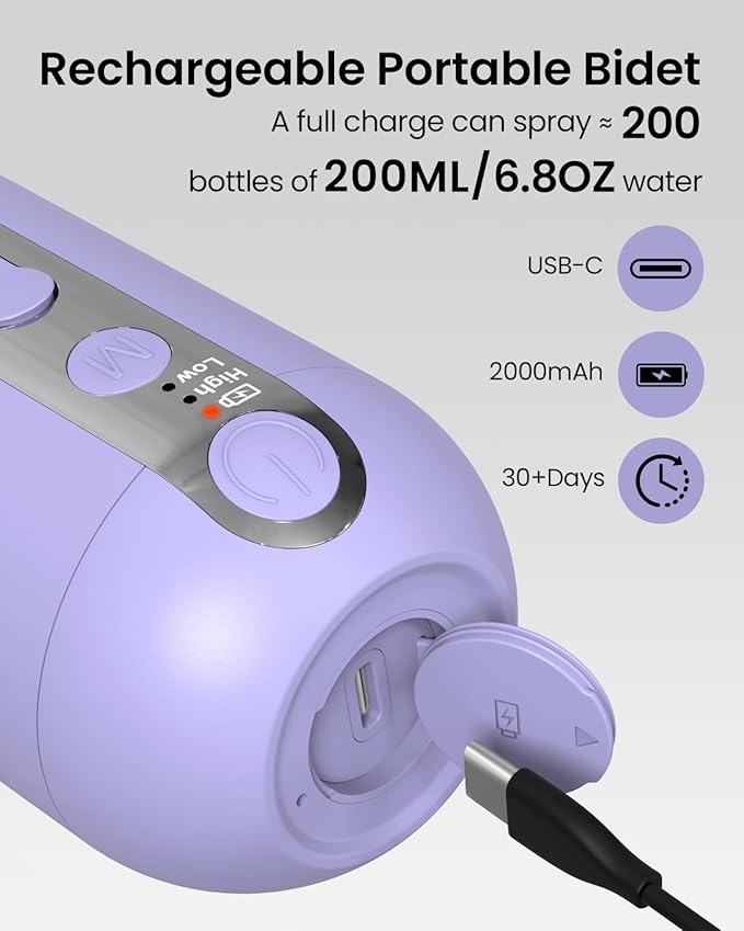 Electric Portable Bidet for Travel, Rechargeable USB-C Handheld High Pressure Sprayer, Camping 6.8oz Smart Foldable Water Storage, 2000mAh Battery Long Life, Personal Cleaner for Men & Women (Purple)