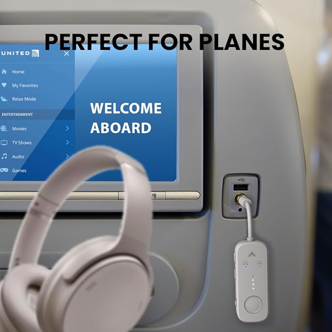 Avantree Relay - Airplane Bluetooth 5.3 Adapter with Qualcomm aptX Adaptive, Supports 2 AirPods or Headphones, 20Hr Playtime, 3.5mm AUX Wireless Audio Transmitter for Travel Flight, Airline, Gym