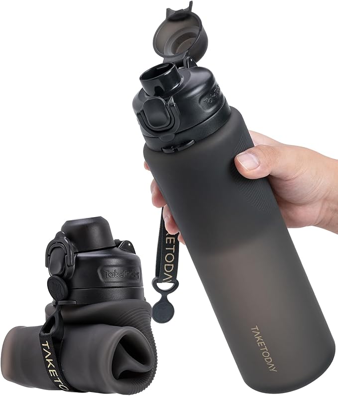 TakeToday Collapsible Water Bottles 32oz, Foldable Travel Water Bottle, BPA Free, Silicone Water Bottle Leakproof for Hiking, International Travel, Outdoors