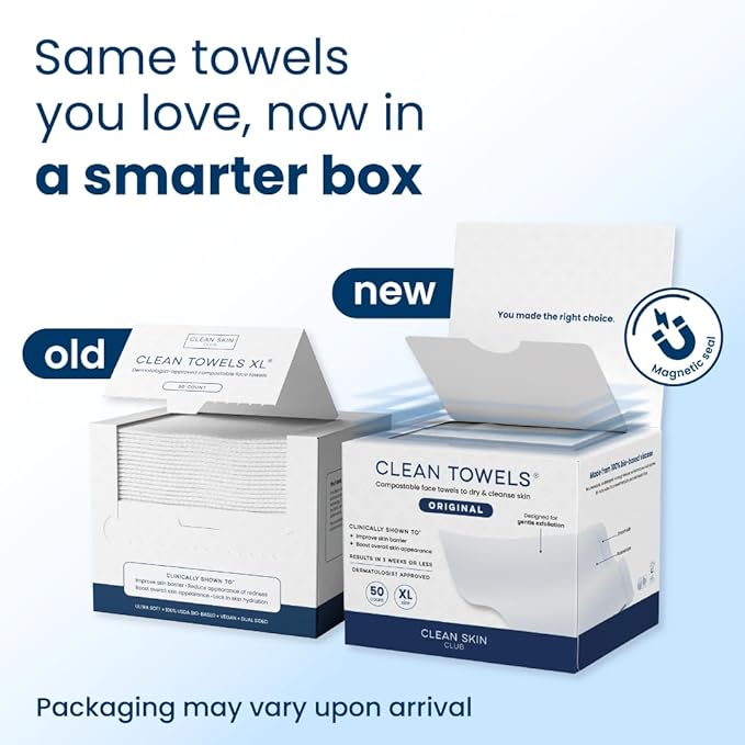 Clean Skin Club Clean Towels XL®, 100% USDA Biobased Face Towel, Disposable Face Towelette, Eczema Association Accepted, Makeup Remover Dry Wipes, Ultra Soft, 1 Pack, 50 Ct