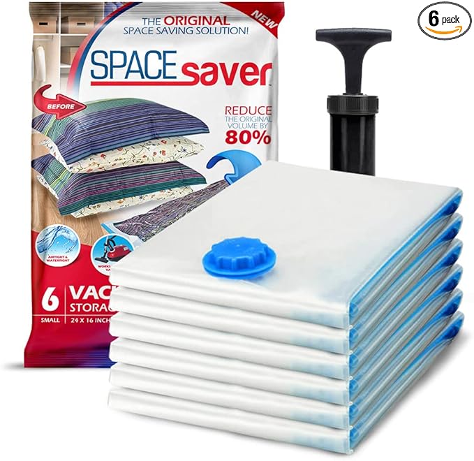 6 Pack Small Vacuum Storage Bags for Comforters, Blankets & Clothes – Vacuum Sealed Compression Bags with Hand Pump – Space Saver Storage Bags for Bedding, Moving, Travel & Organization