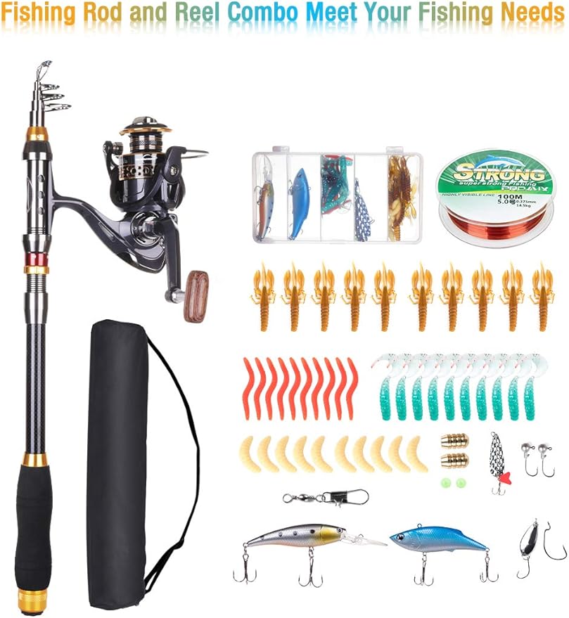 Fishing Rod and Reel Combo, Carbon Fiber Telescopic Fishing Pole with Spinning Reel, Fishing Line, Fishing Lures, Carrier Bag Travel Fishing Rods Kit Freshwater Saltwater Fishing Poles