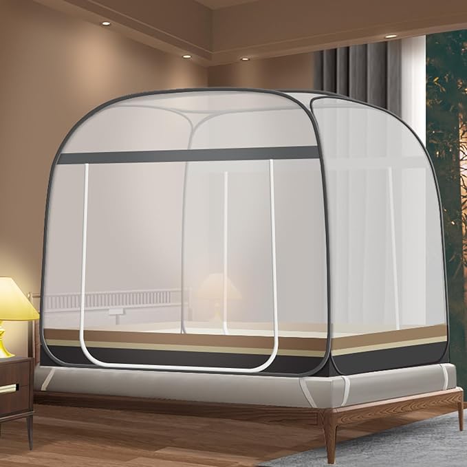 CMINGJ Mosquito Net for Bed, Portable pop up Mosquito Netting with Bottom, Free Installation-Suitable for Bedroom, Camping, Folding Portable Design for Baby Adults (Gray & Gray Bottom Edge)