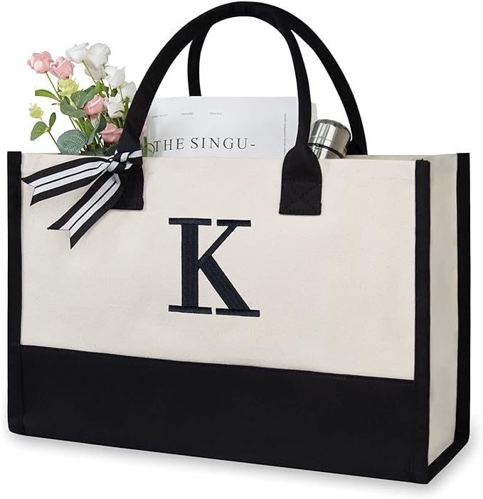 TOPDesign Embroidery Initial Canvas Tote Bag, Personalized Present Suitable for Wedding, Birthday, Beach, Holiday, is a Great Gift Women, Mom, Teachers, Friends, Bridesmaids (Letter K)