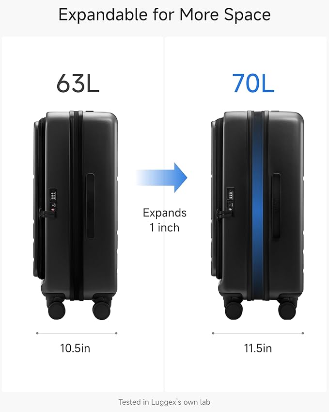 Checked Luggage Top Opening, FLT Expandable Polycarbonate Hard Shell Suitcase with Wheels (FLO-Lite, Black, 24 Inch, 63L-70L)
