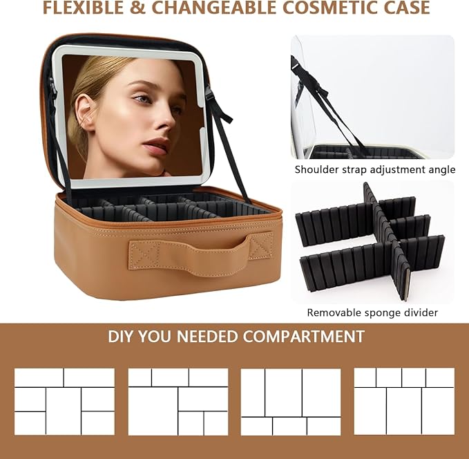 Travel Makeup Bag for Women and Makeup Artists Cosmetic Organizer Large Makeup Case,Travel Makeup Bag with Mirror 3 Color Setting,Portable Storage and Adjustable Dividers(brown)