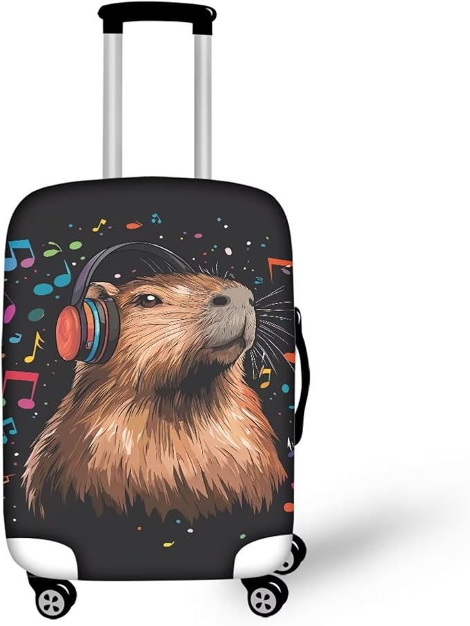 Capybara Luggage Cover Fits 18-21 Inch Luggage Anti-Scratch Spandex Zipper Suitcase Cover Protector Washable Stretchable Travel Baggage Case Cute Travel Essential, Music Note, Size S