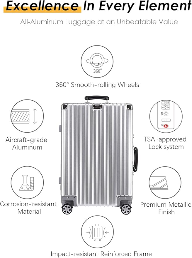 HotWay 20 Inch All Aluminum Carry On Luggage with Leather Handle, Hard Shell Zipperless Suitcase with TSA Locks and Spinner Wheels, Silver Travel Luggage (22x14x9 Airline Approved)