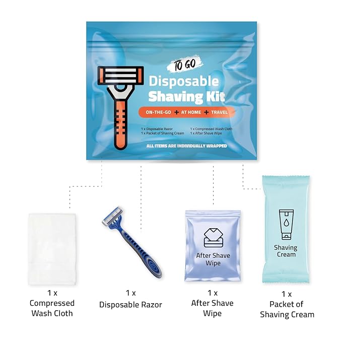 Shaving Kit with Razor, Shaving Cream, Washcloth & Aftershave Wipe – Men’s Travel Shave Set for Hotels, Shelters & Outreach – Disposable Grooming Pack (Blue) (5)