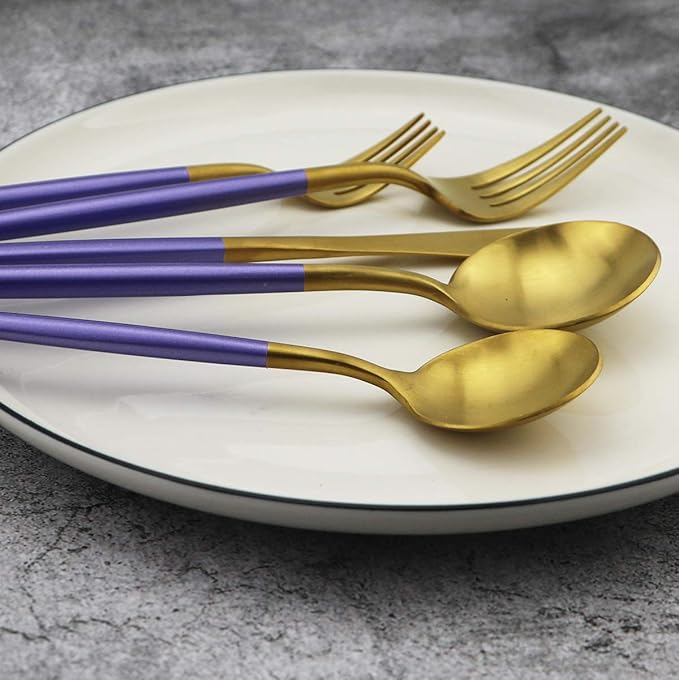 Gugrida 20-Piece 18/10 Stainless Steel Flatware Silverware, Luxury Dinnerware Set Travel Cutlery Tableware Include Knife Fork Spoon Service for 4, Dishwasher Safe (Purple Handle Matte Gold)