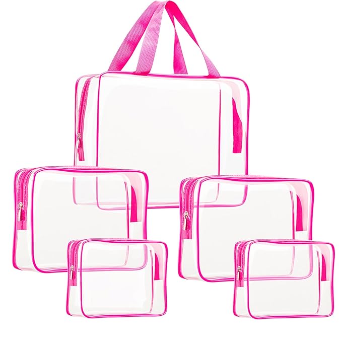 5Pcs Crystal Clear PVC Travel Toiletry Bag Kit for Women Men, Waterproof Vinyl Packing Organizer Storage Bags with Zipper Handle Straps, Cosmetic Pouch Carry on Airport Airline Compliant Bag Handbag