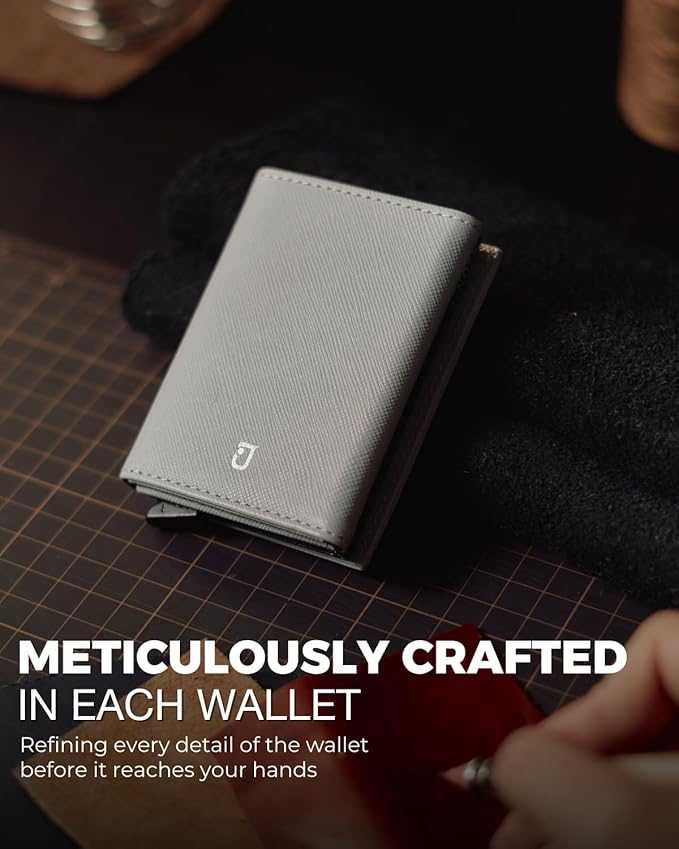 Jenoss Smart Wallet For Men & Women: Full Grain Leather, Handcrafted, Slide Metal Pop Up Case, Slim RFID Blocking Credit Card Holder Minimalist Compact 12 Cards Slot Organizers ID Clip (Grey & Black)
