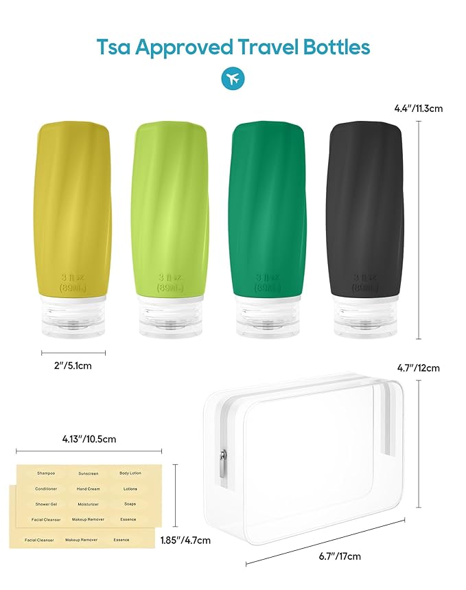 Morfone Travel Bottles Set for Toiletries, Tsa Approved Travel Size Containers Leak Proof Refillable Liquid Silicone Squeezable Travel Accessories for Shampoo Conditioner Lotion (Green)
