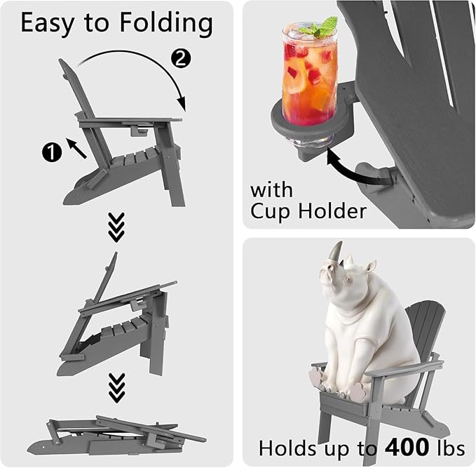 Folding Adirondack Chair with Cup Holder Set of 2, HDPE Patio Chairs,All-Weather Outdoor Chairs for Backyard, Deck,Fire Pit-Coffee