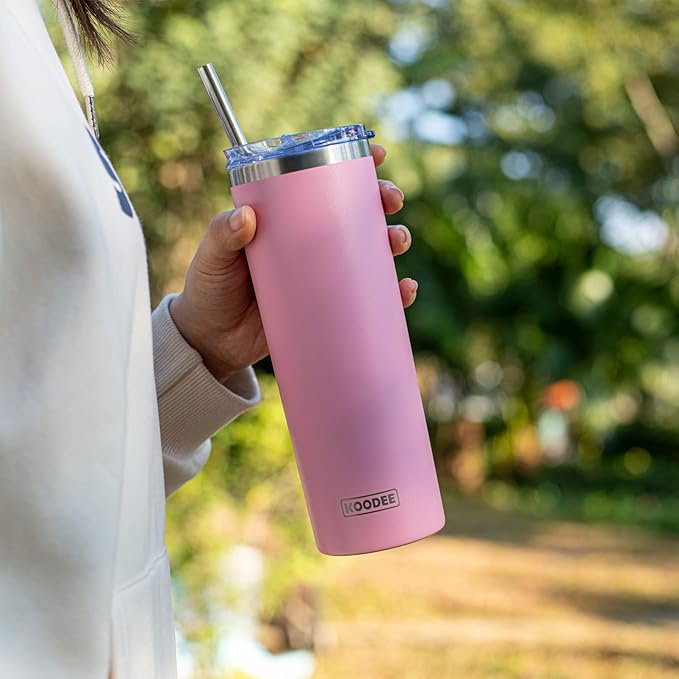 koodee 20 oz Skinny Tumblers (4 Pack) Stainless Steel Insulated Tumbler with Lids, Straws and Straw Brushes（Teal/Pink/Black/White）