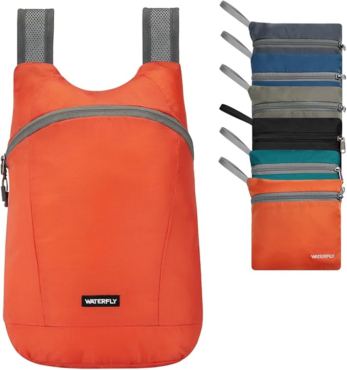 WATERFLY Foldable Lightweight Hiking Backpack: 15L Packable Traveling Daypack Men Women Ultralight Thin Casual Day Pack Bag for Outdoor Sports Camping Beach Park (Orange)