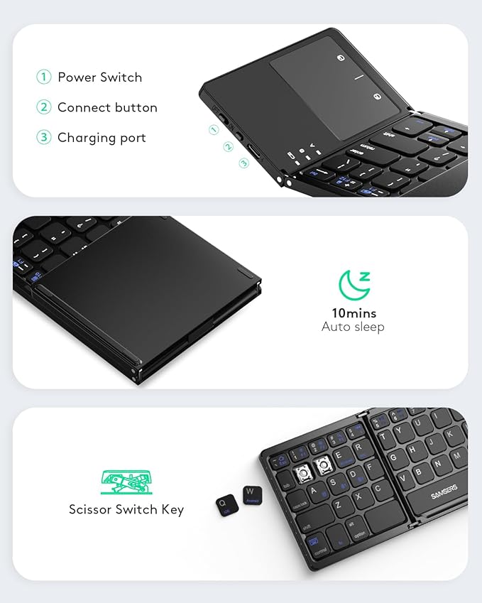 Samsers Multi-Device Foldable Bluetooth Keyboard with Touchpad, Rechargeable Dual-Mode(2.4G+BTx2) Wireless Keyboard with Holder, Portable Folding Keyboards for Android Windows iOS Mac OS - Black